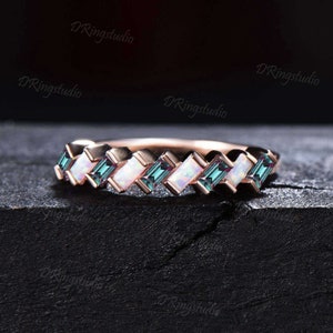 Unique Baguette Alexandrite Opal Wedding Band Half Eternity Opal Matching Band Alexandrite Stacking Band Minimalist Ring Anniversary Gifts