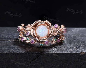 Round White Opal Wedding Ring Set Floral Engagement Ring Nature Inspired Leaf Vine Opal Jewelry Rose Flower Emerald Amethyst Promise Rings