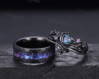 2pcs Round Color-Change Alexandrite Couple Ring Set Goth Galaxy Nebula His and Hers Wedding Ring Set Black Gold Twig Leaf Ring Tungsten Band