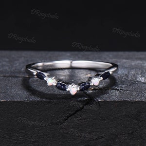 Sterling Silver Unique Marquise Blue Sandstone Wedding Band Opal Nesting Band Vintage Blue Goldstone Stackable Band Chevron Ring Women Gift
