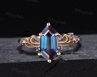 Sailor Moon Ring Vintage Shield Shape Alexandrite Engagement Ring Gold Bowknot Amethyst Ring Color Change Alexandrite Cluster Wedding Rings