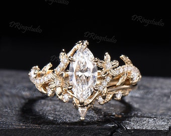 Nature Inspired 1ct Marquise VVS Moissanite Engagement Ring Set 14K Yellow Gold Bridal Ring Floral Leaf Diamond Wedding Ring Proposal Gift
