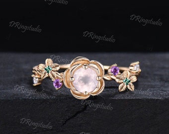 Natural Rose Quartz Floral Engagement Ring Rose Flower Ring 5mm Round Cut Pink Crystal Promise Ring Twist Band Emerald Ring Anniversary Gift