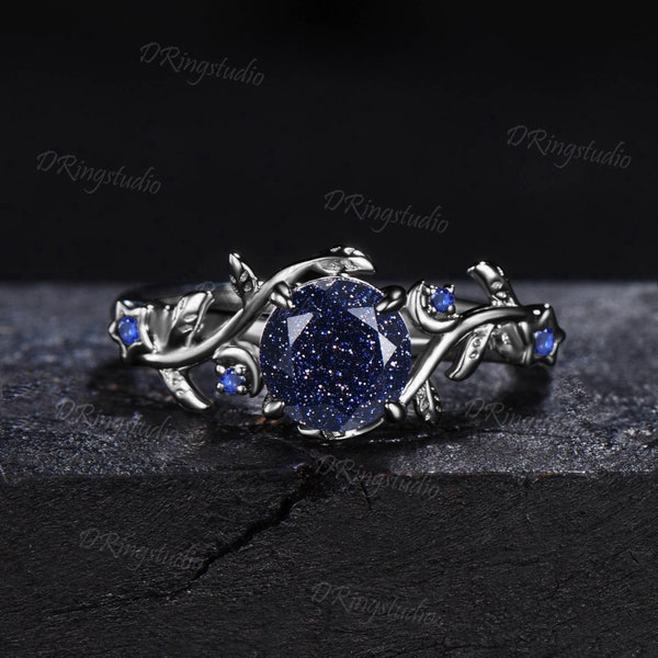 Black Gold Starry Sky Blue Sandstone Ring Branch Leaf Round Blue Goldstone Engagement Ring Moon Star Sapphire Ring Black Promise Ring Gifts