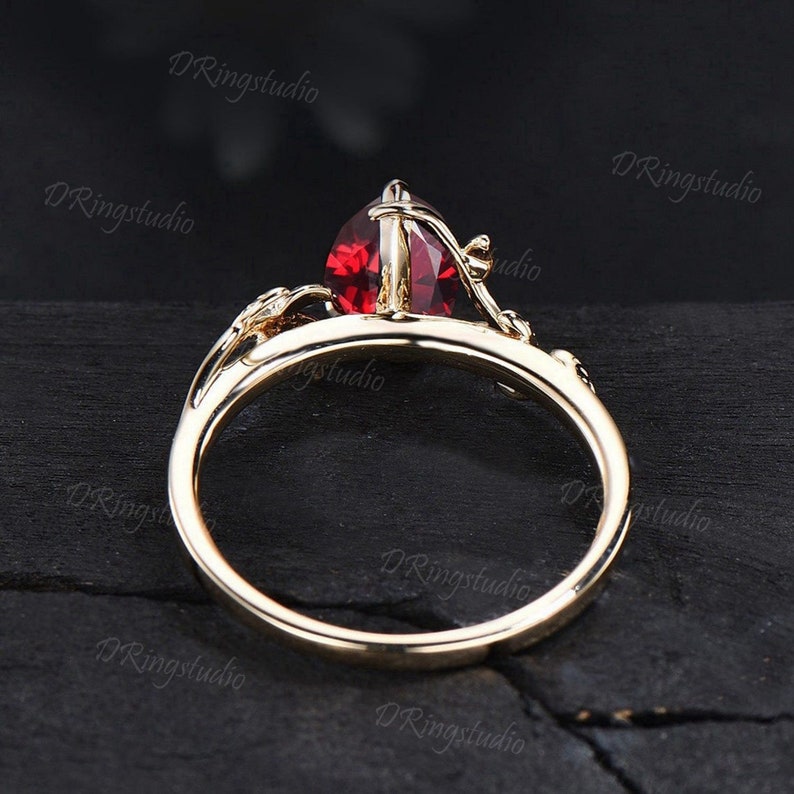 1.25ct Pear Shaped Ruby Gemstone Jewelry 14K Yellow Gold Twig Leaf Ruby Engagement Rings Anniversary Ring For Women July Birthstone Gift image 5