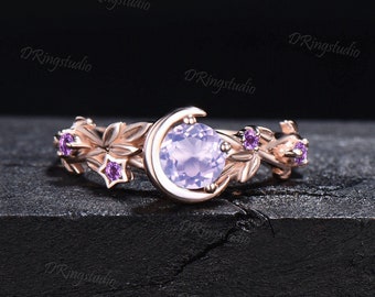 Nature Inspired Natural Lavender Amethyst Engagement Ring Moon Star Design 5mm Round Light Amethyst Ring Branch Leaf Amethyst Wedding Rings