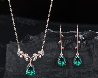 Pear Shaped Green Emerald Earrings Necklace Jewelry Set Marquise Moss Agate Leaf Pendant Leaf Vine Dangle Earrings Bridesmaid Women Jewelry