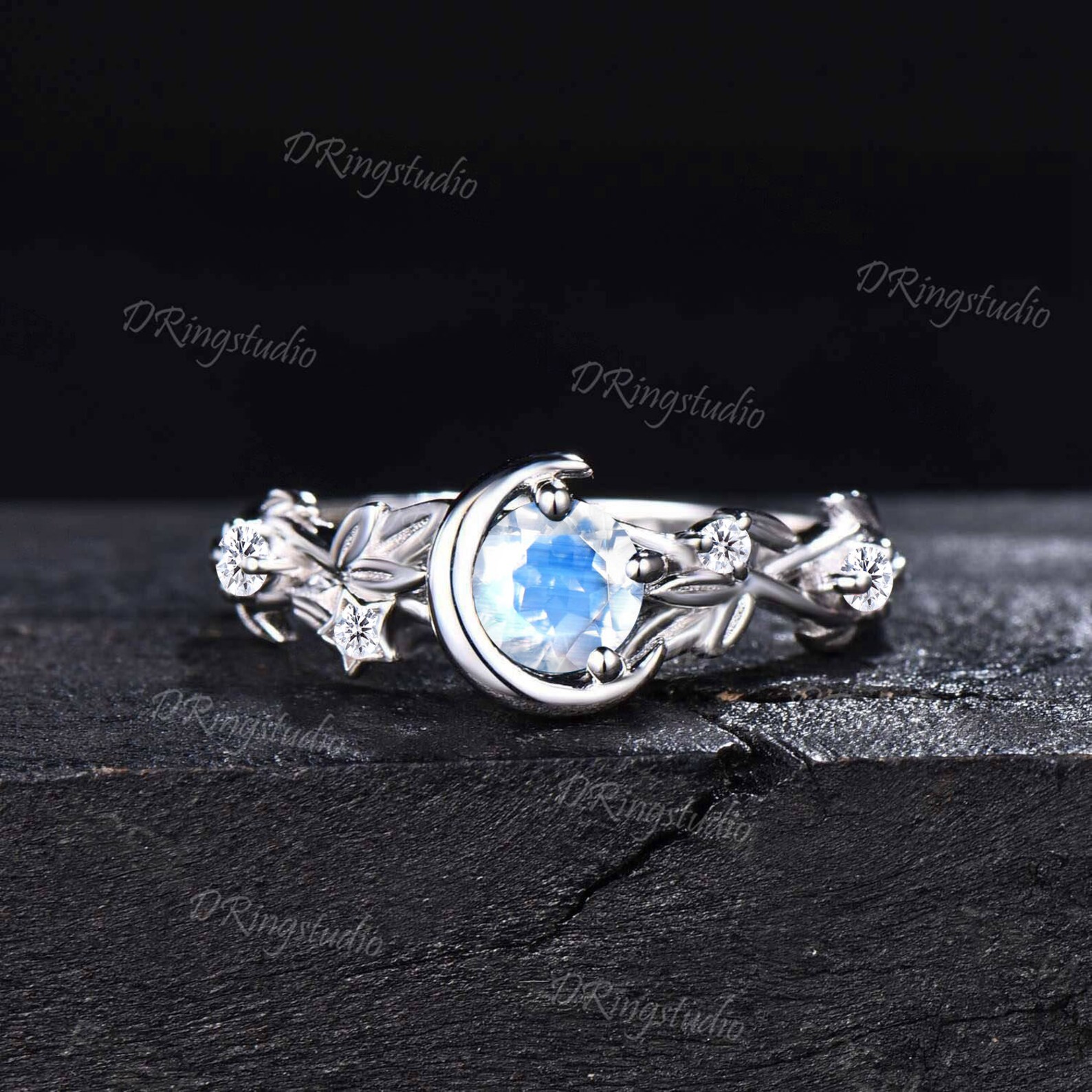 Nature Inspired Round Rainbow Moonstone Engagement Ring Natural Blue ...