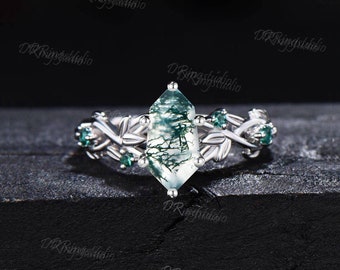 Nature Inspired Shield Shape Moss Agate Ring Leaf Branch Green Agate Emerald Engagement Ring Gothic Green Gemstone Promise Ring Women Gift