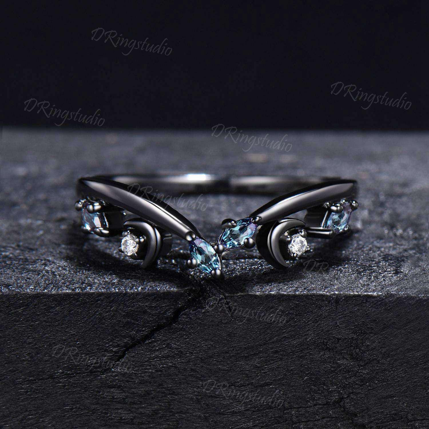 Black Gold Curved Wedding Band Celestial Moon Alexandrite Matching Band Gothic V Curved Wedding Band Unique Matching Stacking Ring for Women