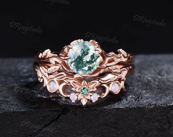 Nature Inspired Round Moss Agate Engagement Ring Leaf Texture Opal Ring 14k Rose Gold Moon Leaf Green Agate Bridal Ring Set Anniversary Gift