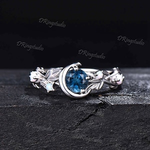 Sterling Silver Round Natural London Blue Topaz Ring Nature Inspired Topaz Engagement Rings Moon Star Design Branch Twig Topaz Wedding Ring