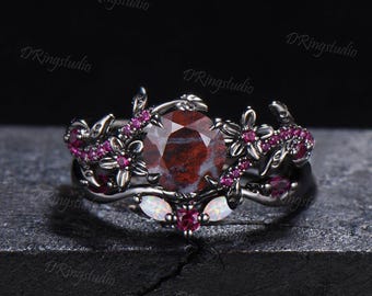 1ct Round Bloodstone Alternative Engagement Ring 10K Black Gold Ruby Nature Vine Flower Gothic Wedding Ring Set Natural Bloodstone Opal Ring
