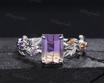 Op de natuur geïnspireerde smaragd geslepen ametrien verlovingsring 925 sterlingzilver takblad amethist citrien bruidsring bio kleur ametrien ring