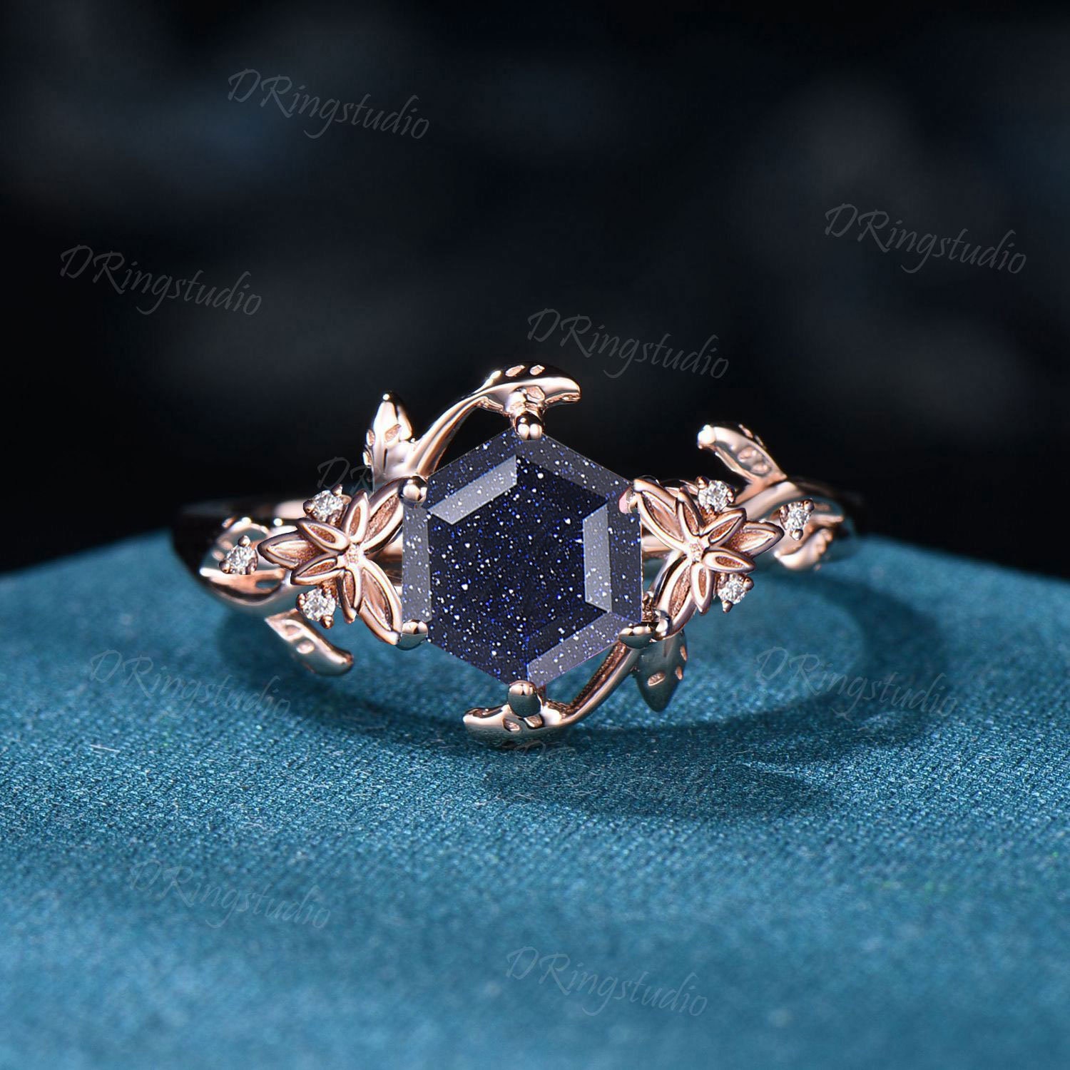 Twig Vine Engagement Ring Nature Inspired Hexagon Cut Blue