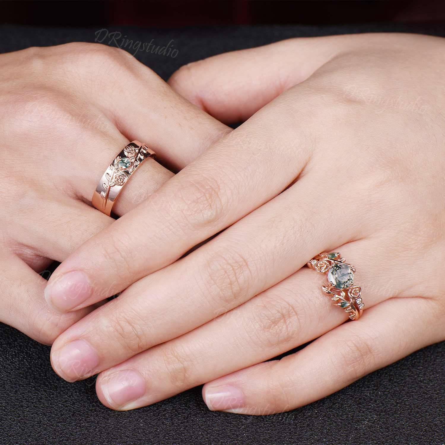 2pcs Nature Inspired Couple Rings Set 14k Rose Gold Moss Agate