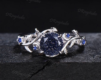 Twist Leaf Vine Engagement Ring Nature Inpsired Galaxy Blue Sandstone Wedding Ring Set Blue Sapphire Bridal Set Ring Moon Proposal Ring Gift