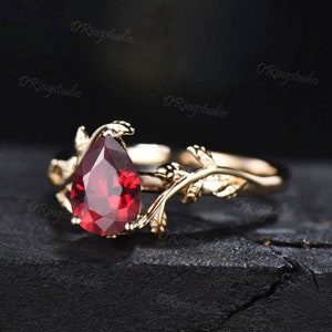 1.25ct Pear Shaped Ruby Gemstone Jewelry 14K Yellow Gold Twig Leaf Ruby Engagement Rings Anniversary Ring For Women July Birthstone Gift image 3