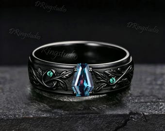 6MM Oak Leaf Design Coffin Cut Alexandrite Mens Engagement Ring Matte Finish Black Gold Wedding Band Gothic Emerald Mens Band Gift For Him