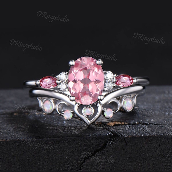 Vintage Oval Pink Sapphire Engagement Ring Set Padparadscha Sapphire Cluster Promise Ring Heart Design Opal Wedding Ring Celestial Moon Ring