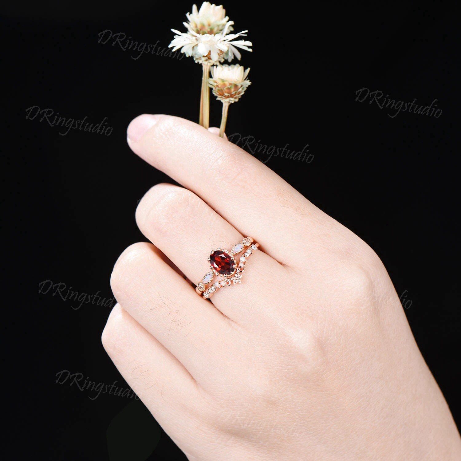 Rose Gold Oval Cut Natural Garnet Floral Engagement Ring