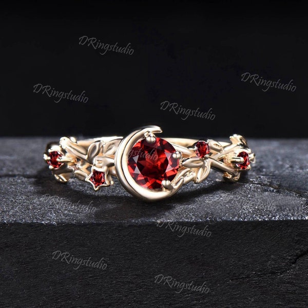 Natürliche Granat Mond Stern Verlobungsring 14K Rosegold 5 mm Natur inspiriert Runde Granat Ring Cluster Zweig Blatt rot Ehering für Frauen