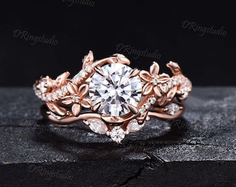 Garden Inspired Round Moissanite Engagement Ring Set 1ct Rose Gold Entangled Vines Bridal Set Floral Wedding Ring Promise Gifts For fiancee