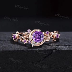 Einzigartige Mond Blatt Runde natürliche Amethyst Verlobungsring Cluster Amethyst Moissanite Ehering Mond Stern Ring Februar Birthstone Schmuck