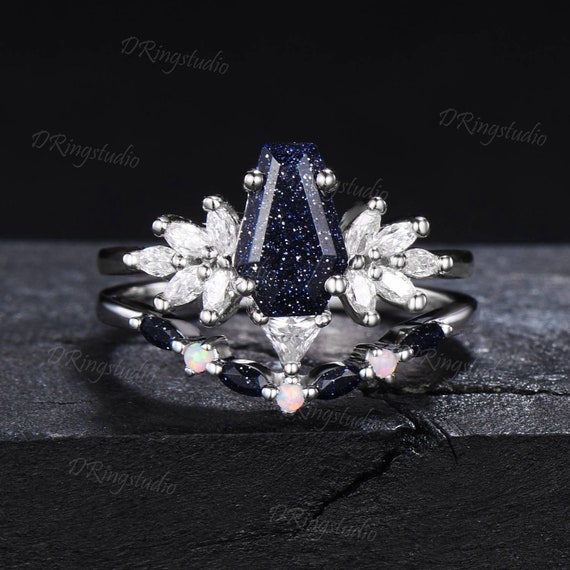 Unique Coffin Starry Sky Blue Sandstone Engagement Ring Set