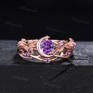 Moon Star Natural Amethyst Engagement Ring Set 5mm Round Amethyst Ring Nature Style Branch Leaf Amethyst Bridal Set February Birthstone Gift