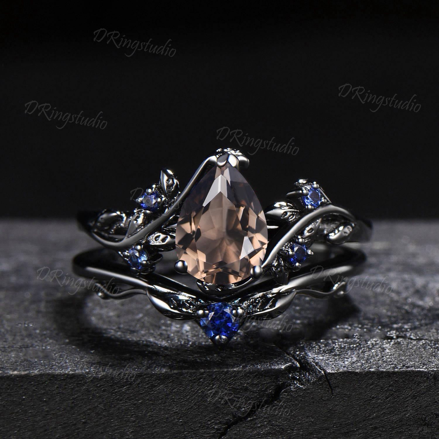 Twig Smoky Quartz Engagement Ring Black Gold Pear Shaped Brown