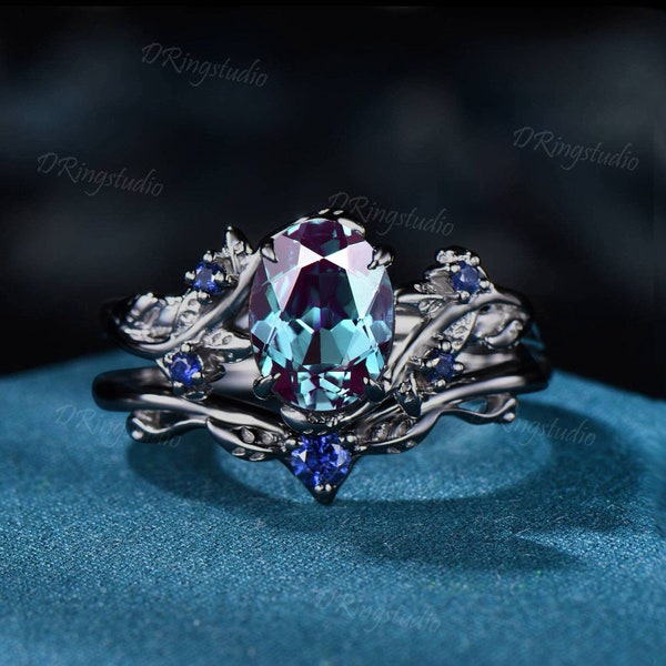 Unique Leaf Branch Oval Alexandrite Engagement Ring Black Gold Blue Sapphire Bridal Set Twig Wedding Ring June Birthstone Jewelry Women Gift