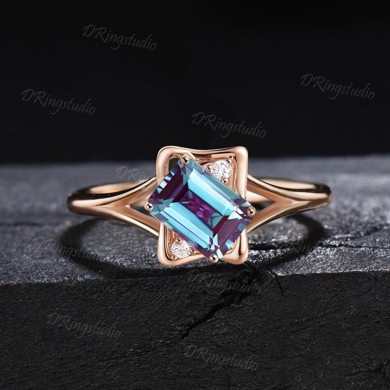 Unique Emerald Cut Color-Change Alexandrite Engagement Ring Tilted Alexandrite Bridal Ring Split Shank Ring June Birthstone Wedding Gifts