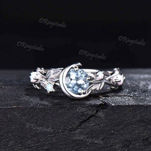Vintage Round Aquamarine Engagement Ring Moon Star Design Blue Gemstone Wedding Ring Branch Leaf Ring March Birthstone Jewelry Proposal Gift