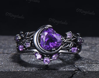Crescent Moon 1ct Heart Amethyst Ring Set Nature Inspired Star Leaf Black Gold Engagement Ring Cluster Purple Gemstone Ring Proposal Gift