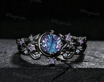 Fireworks Cut Round Alexandrite Moon Engagement Ring Set Twig Leaf Amethyst Alexandrite Cluster Promise Ring Black Gold Wedding Ring for Her
