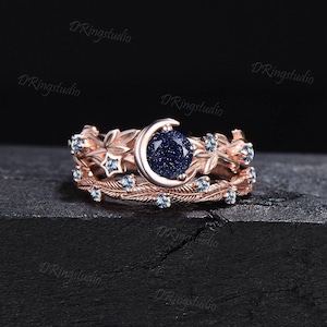 Moon Star Galaxy Blue Sandstone Ring Set Nature Inspired Alexandrite Leafy Ring Leaf Vine Sandstone Bridal Set Nebula Ring Proposal Gifts