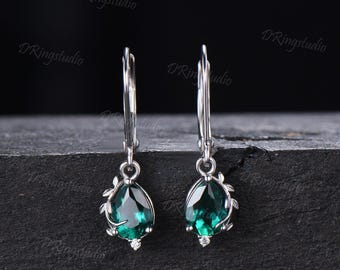 Nature Inspired Pear Cut Emerald Vine Leaf Drop Earrings 14K White Gold Moissanite Leverback Earrings May Birthstone Bridesmaid Gift for Her