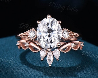 Unique Oval Moissanite Engagement Ring Fish Vintage Three Stone Rose Gold Wedding Band Bridal Set Promise Gifts Dainty Rings Set for Her