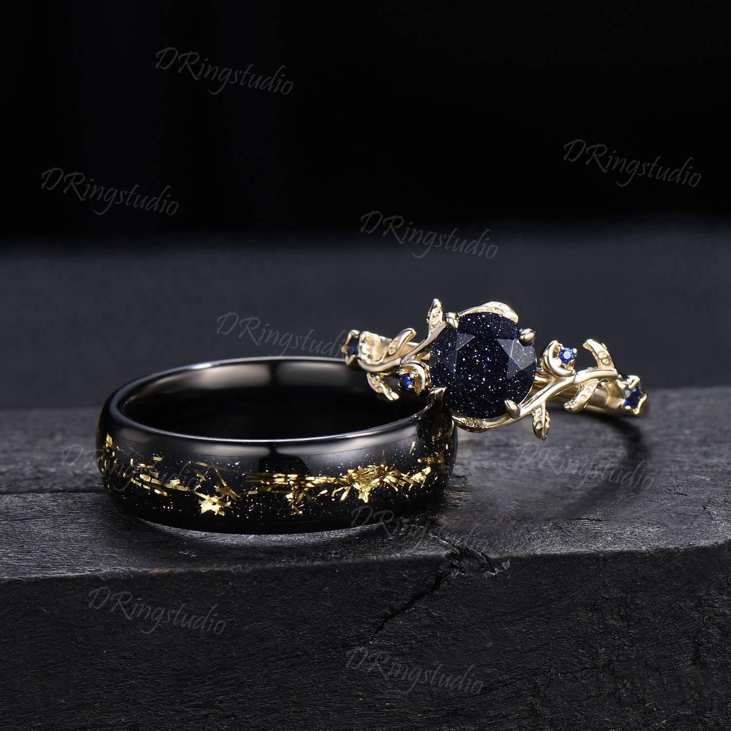 Starry Sky Blue Sandstone Couple Rings Set Vintage Gold Foil Tungsten Wedding Band 14k Gold Celestial Galaxy Engagement Ring for Her & Him