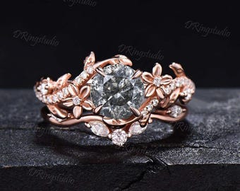 1ct Round Cut Natural Salt And Pepper Diamond Engagement Ring Set 14K Rose Gold Vine Floral Moissanite Stacking Ring For Alternative Women
