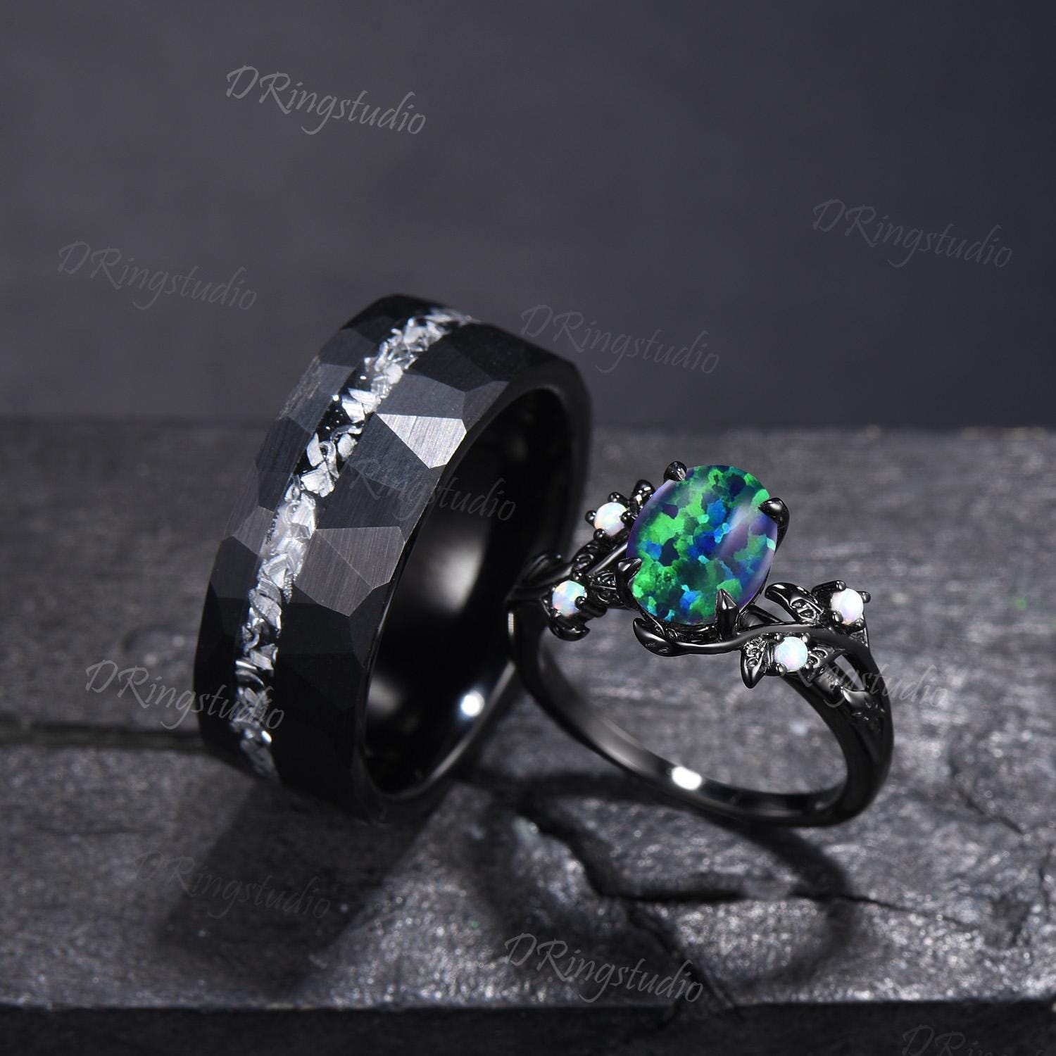 2pcs Pear Black Opal Witchy His and Hers Wedding Band Goth Black