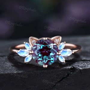Kat verlovingsring 7 mm ronde alexandriet ring maansteen cluster trouwring roségouden kat ring juni geboortesteen vrouwen sieraden voor kattenliefhebber