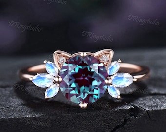 Cat Engagement Ring 7mm Round Alexandrite Ring Moonstone Cluster Wedding Ring Rose Gold Cat Ring June Birthstone Women Jewelry for Cat Lover