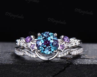 1ct Round Alexandrite Moon Engagement Ring Set Waxing Crescent Star 14K White Gold Amethyst Bridal Ring Half Eternity Moissanite Wave Ring