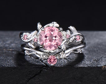 Vintage Round Padparadscha Sapphire Bridal Ring Nature Inspired Floral Engagement Ring 14k Gold Pink Sapphire Ring Leaf Pink Tourmaline Ring