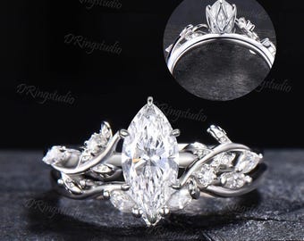 Tulip Set 1ct Marquise Cut Moissanite Engagement Ring Set Nature Inspired Leaf 10K White Gold Petal Prong Diamond Wedding Ring For fiancee