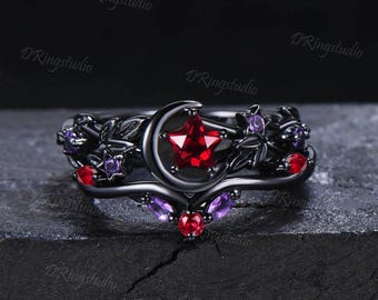 Crescent Moon Star Shape Ruby Engagement Ring Moon Leaf Amethyst Black Gold Star Ruby Promise Ring July Birthstone Bridal Set Proposal Gift