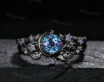 6mm Round Color-Change Alexandrite Celestial Moon Star Ring Twig Leaf Amethyst Cluster Engagement Ring Set Black Gold Wedding Ring for Her