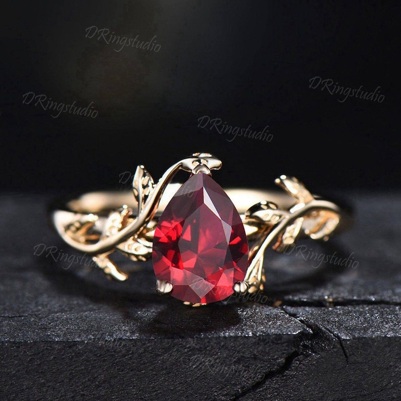 1.25ct Pear Shaped Ruby Gemstone Jewelry 14K Yellow Gold Twig Leaf Ruby Engagement Rings Anniversary Ring For Women July Birthstone Gift image 1